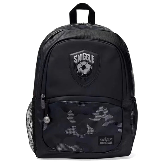 Smiggle 16" Assist Classic School Backpack – Football Metal Zip, Camo Design, Dual Bottle Sleeves