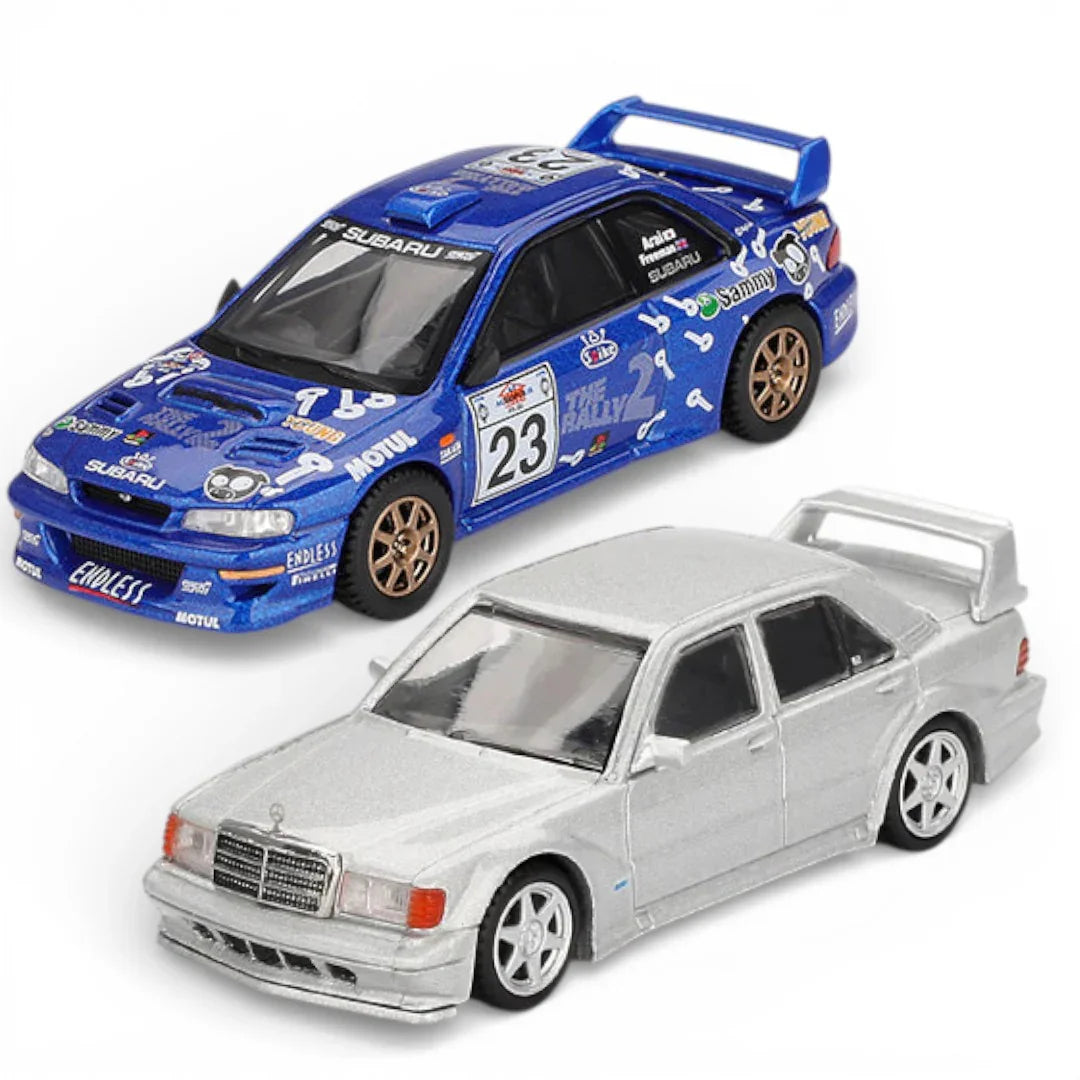 MINI GT 1:64 (Blister)-Subaru Impreza WRC99 #23 2000 Acropolis Rally LHD + Mercedes-Benz 190E 2.5-16 Evolution II -- Astral Silver