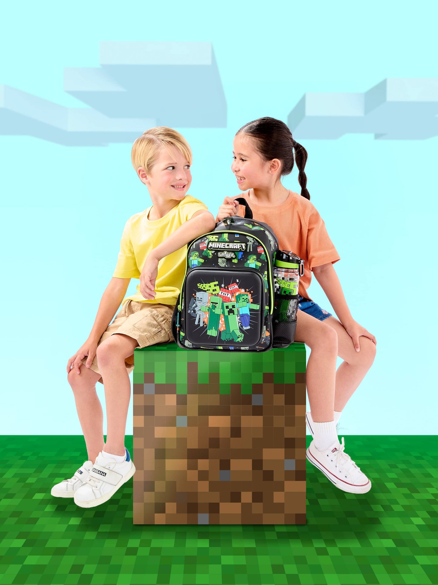 Smiggle Minecraft Backpack for Kids (14 Inch) – Creeper School Bag with Front Pocket & Side Mesh (Black & Green)