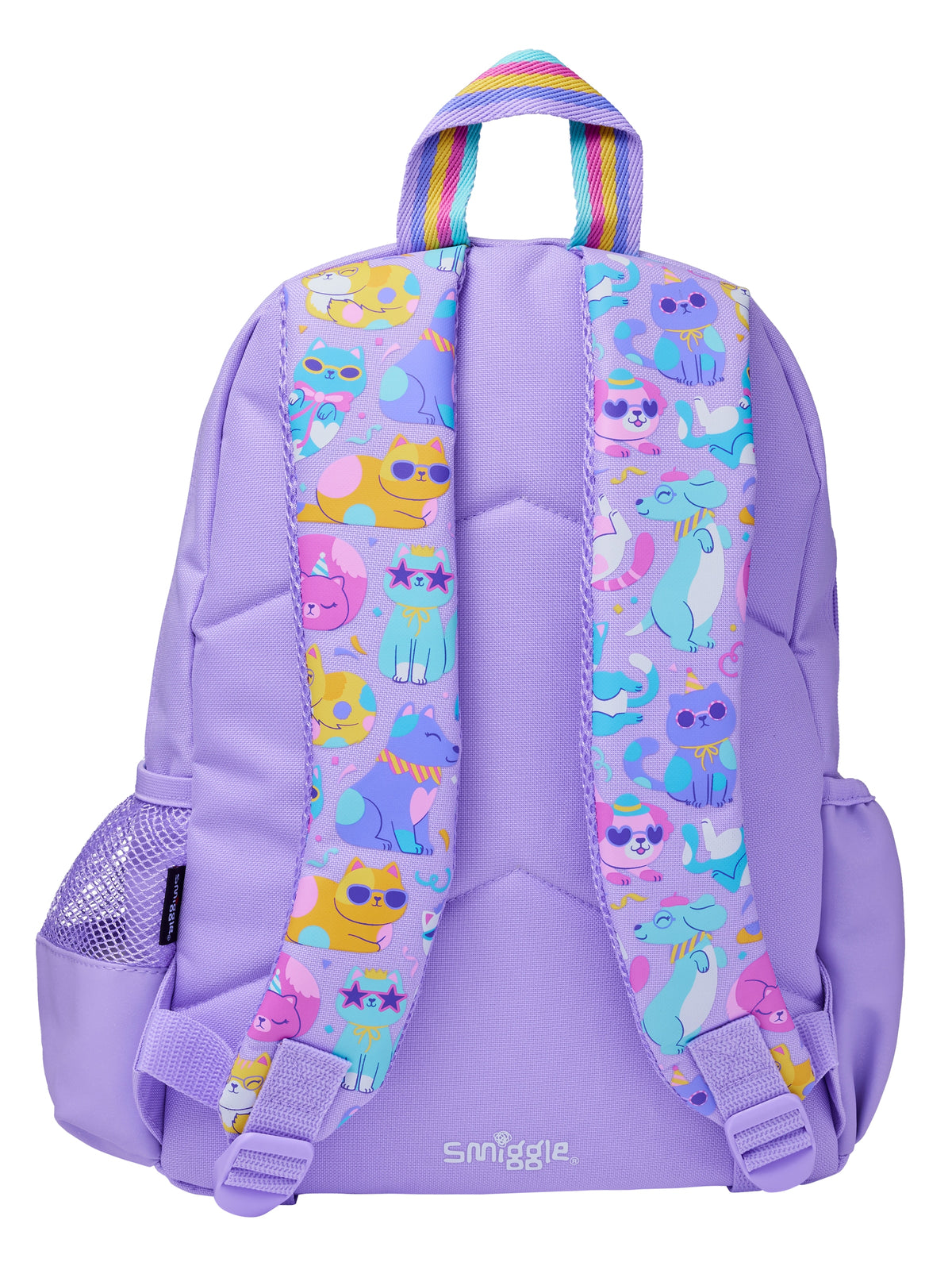 Smiggle 14 Inch Kids Backpack – Purple Cat Design School Bag with 3D Front Pocket, Sunglasses Detail & Side Mesh Pocket