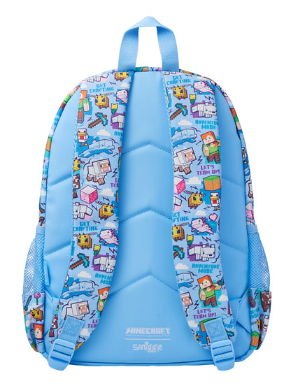 Smiggle Minecraft 16 Inch Kids Backpack – Blue School Bag with Character Graphics, Dual Zip Design & Side Mesh Pockets