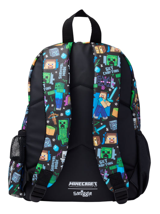 Smiggle Minecraft 14 Inch Kids Backpack – Black Creeper & Chicken Character School Bag with 3D Front Design & Side Bottle Pocket