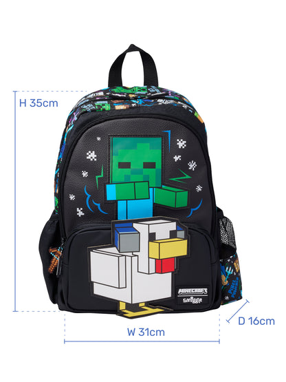 Smiggle Minecraft 14 Inch Kids Backpack – Black Creeper & Chicken Character School Bag with 3D Front Design & Side Bottle Pocket