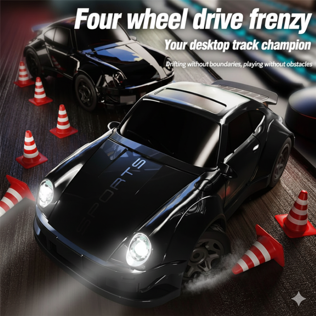 1:64 Scale 2.4GHz 4WD Drift RC Car with LED Lights | Mini High-Speed Racing Remote Control Car (Black)