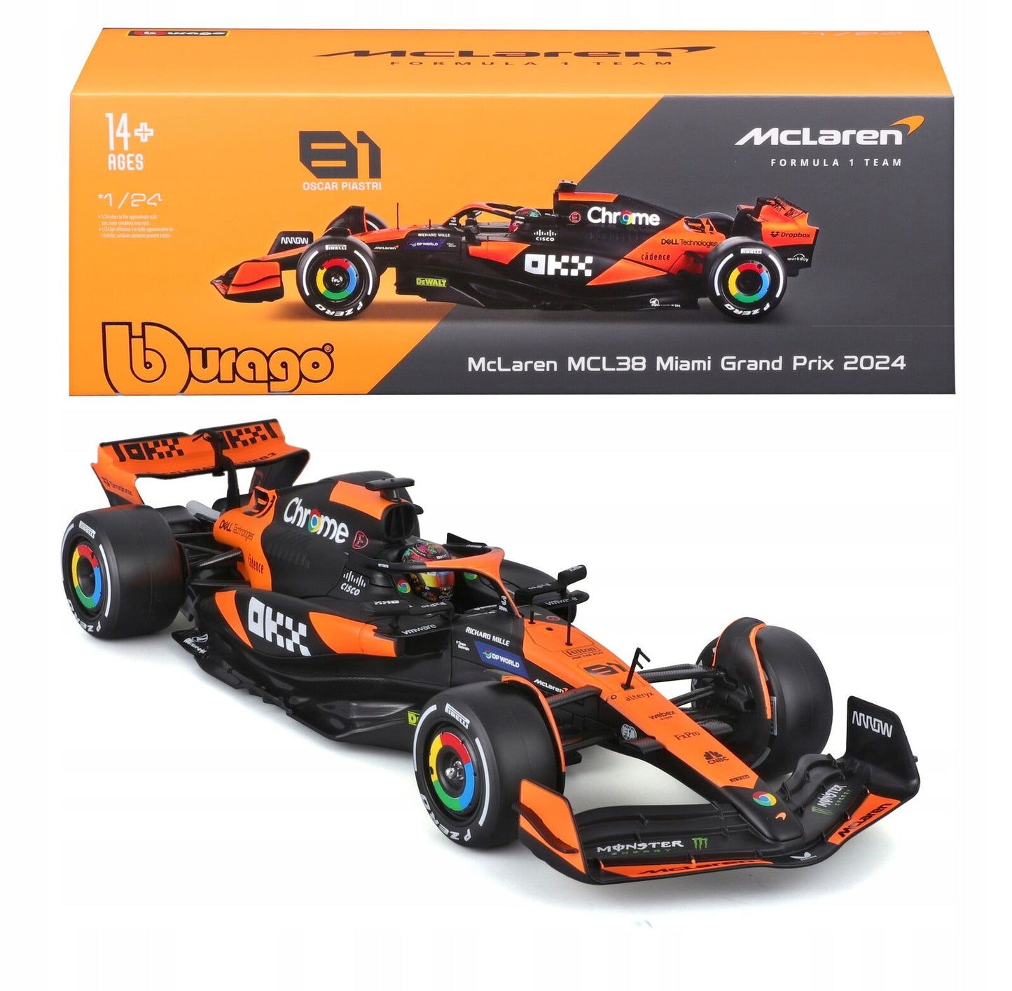 Bburago 1:24 McLaren MCL38 – Oscar Piastri #81 | Miami Grand Prix 2024 | Official Diecast F1 Model