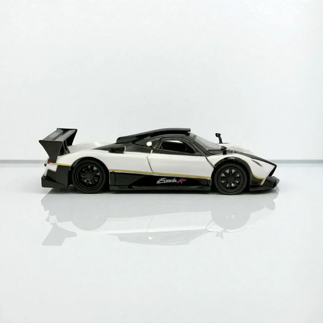 RMZ Hobby 1:32 Pagani Zonda R Die-Cast Model Car – White Body And Black Roof with Openable Doors, Pull-Back Action, Light & Sound (664975) - Jaiman Toys