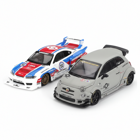 Mini GT 1:64 Duo Set (Blister Pack) – Nissan LBWK S15 Silvia Garasi Drift 2025 + Abarth 595 LB-WORKS Abas Works Fighters Diecast Models