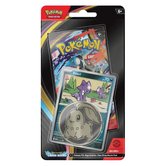Pokémon TCG Mega Evolution Chaos Rising (ME04) Checklane Blister Pack – 1 Booster Pack + Toxel Promo Card + Chikorita Coin – English Version