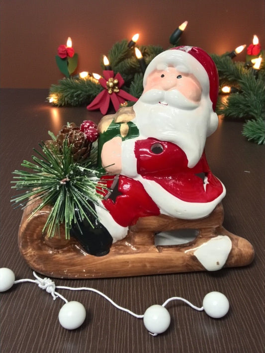 Ceramic Santa on Sled Christmas Figurine – Festive Table Décor with Pinecones & Berries | Holiday Home Decoration (1 Piece)