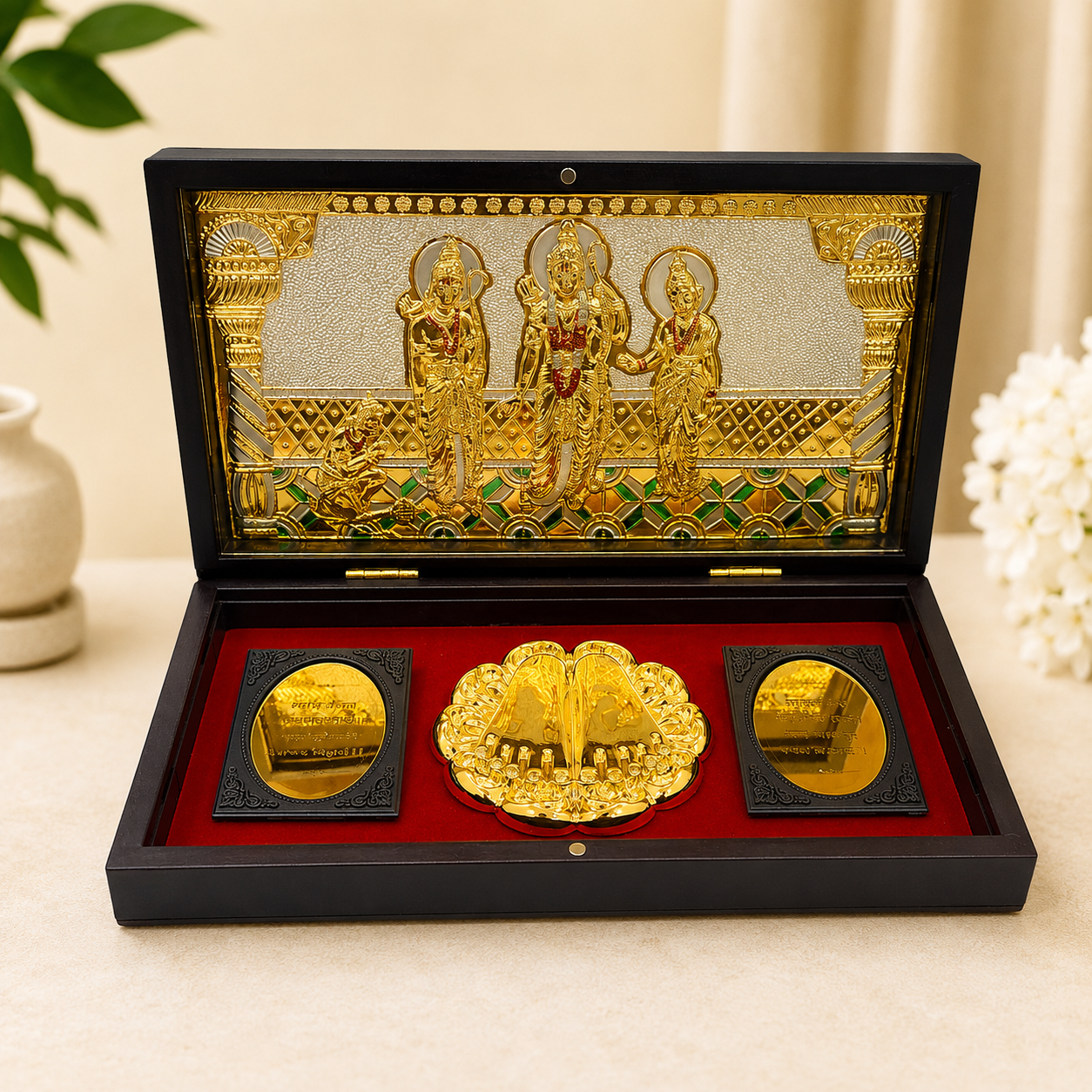 Jai Shree Ram Wooden Shagun Gift Box with Gold-Plated Ram Darbar & Charan Paduka | Premium Spiritual Return Gift Box for Wedding, Housewarming & Festivals