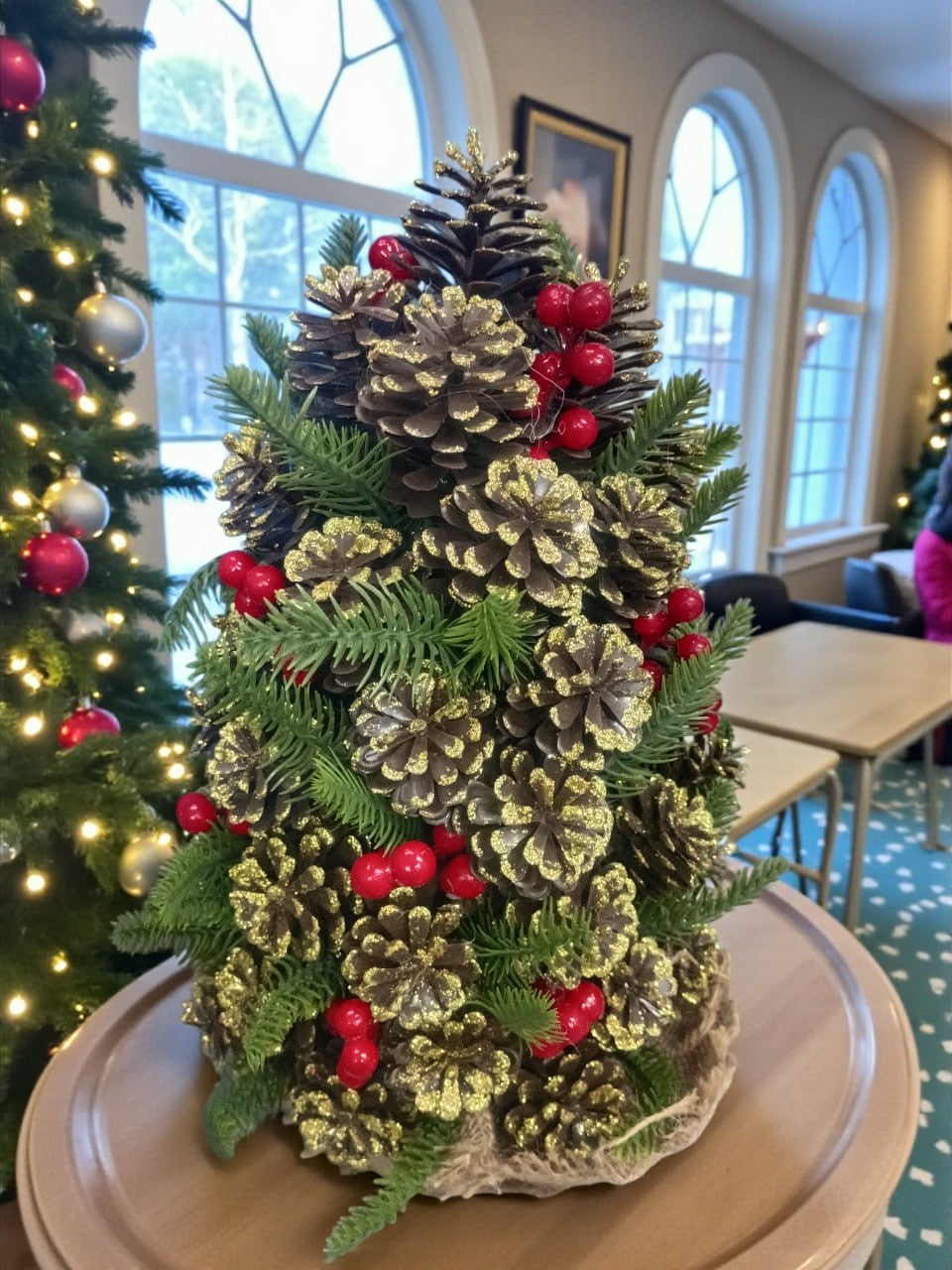 Mini Pinecone Christmas Tree 35cm | Tabletop Decoration with Red Berries & Jute Base – Holiday Accent Décor