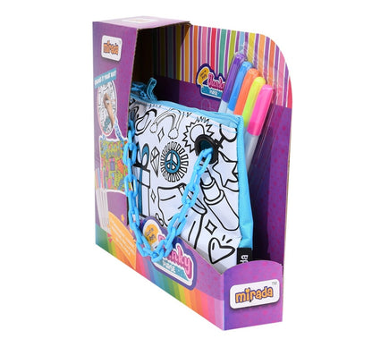 Mirada Colour Me Pretty Funky Purse DIY Craft Kit for Kids | Color Your Own Handbag Set with 5 Permanent Fabric Markers & Chain Strap