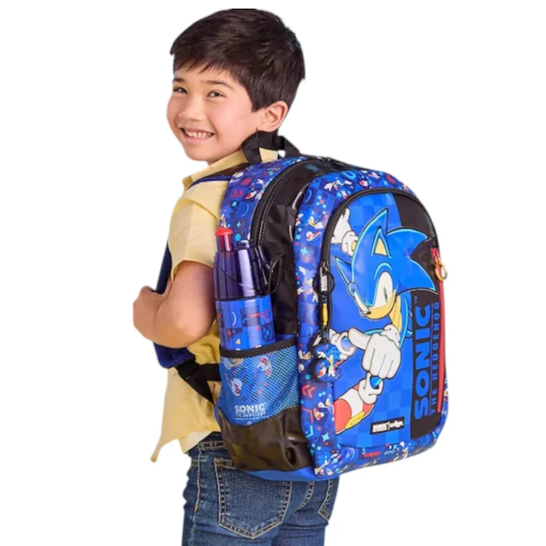 Smiggle Sonic the Hedgehog Classic School Backpack – 16 Inch Kids Bag with Laptop Sleeve, Zippered Compartments & Dual Bottle Holders
