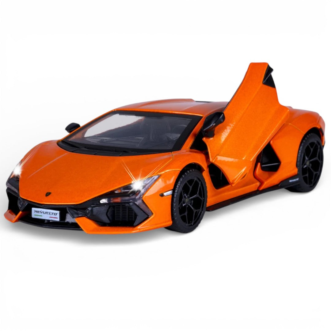 MSZ 1:32 Lamborghini Revuelto Die-Cast Model Car – Orange | Pull Back, Openable Doors, Light & Sound (68737)