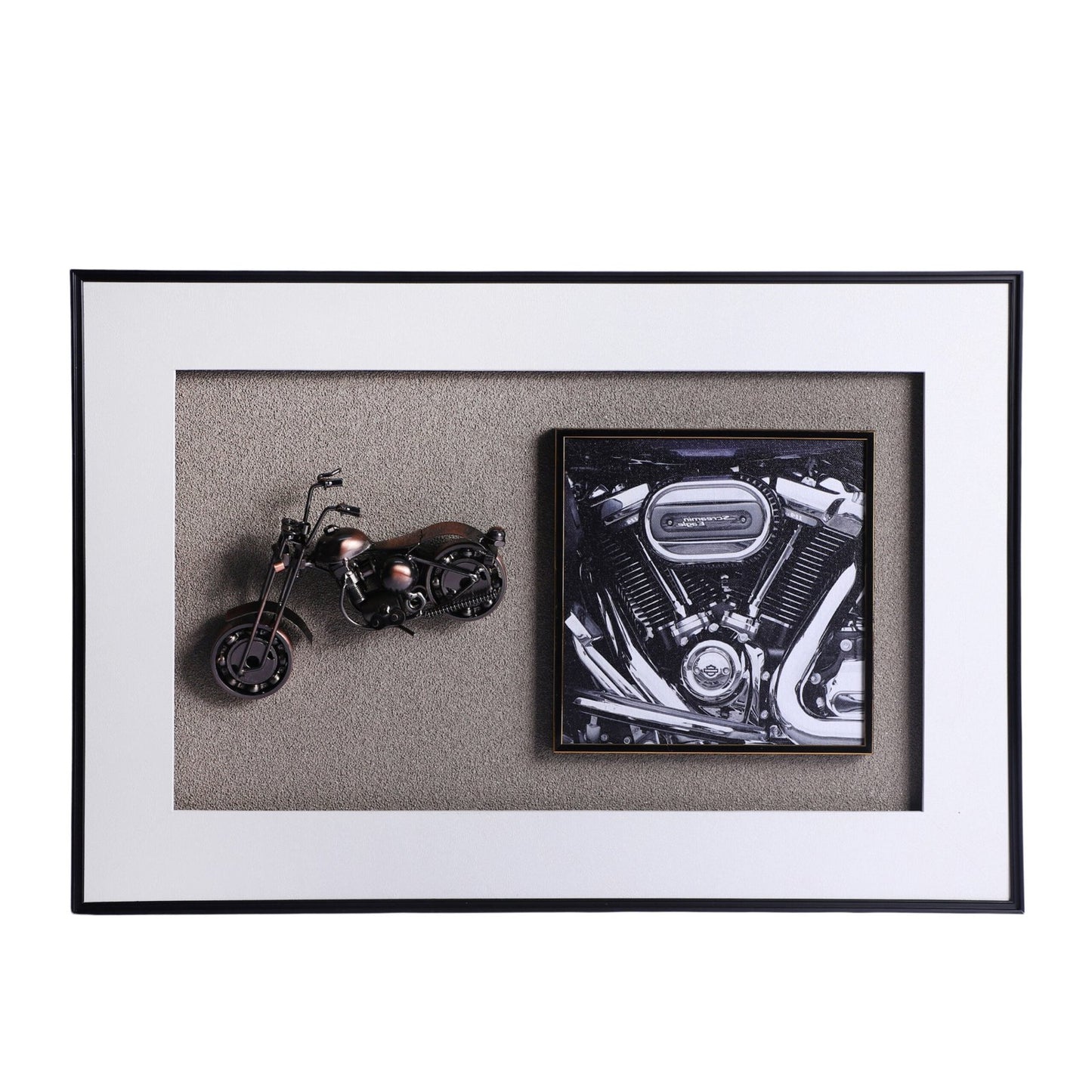 Sculpture Die Cast Harley Davidson: Rev Up Your Decor with Metal Motorcycle in a Decorative Glass Frame