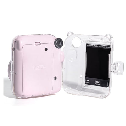 Accessories Bundle - Camera Case for  Fujifilm Instax Mini 12 (Crystel Clear) + Adjustable Rainbow Strap and Photo Pocket in Back + Case Decorative Stickers - Blossom Pink