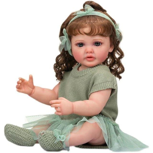 Lifelike Reborn Baby Girl Doll – Toddler with Realistic Sound & Brown Hair And Light Green Knitted Outfit With A Soft Net Skirt