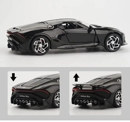 Joy Junction Bugatti La Voiture Noire 1:32 Scale Die-Cast Model Car with Sound & Light – Pull Back Metal Hypercar Toy for Collectors