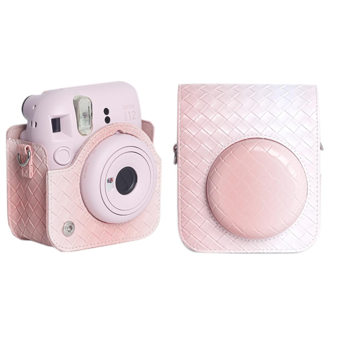 Fujifilms Instax Mini 12 Instant Camera PU Leather Case! Rain Proof Soft Camera Protective Case with Shoulder Strap - Blossom Pink