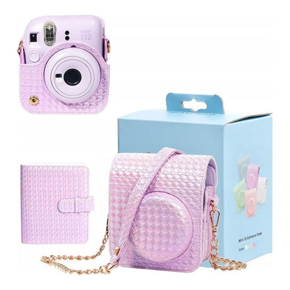 Iridescent PU Leather Case & Photo Album Set for Fujifilm Instax Mini 12 – Includes Carrying Case & 64 Sheets Photo Album (Lilac Purple)