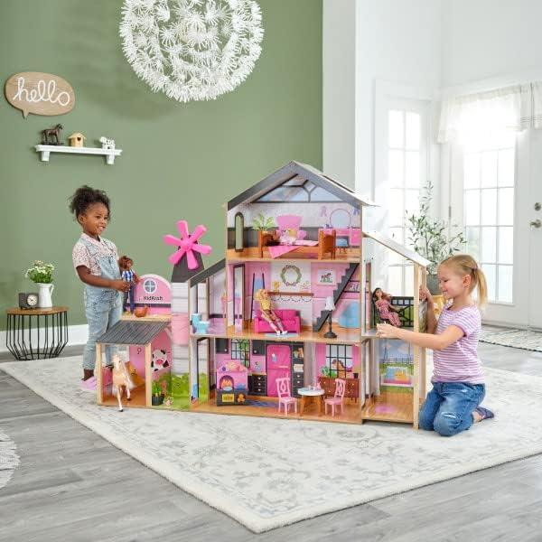 Windmill Elevator 2-in-1 Wooden Barn & Dollhouse with Horse and Lights & Sounds, Over 3 Feet Tall, Pink