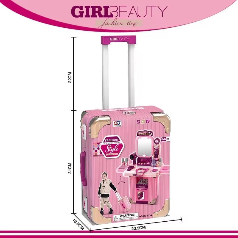 Portable Beauty Makeup Playset with Trolley Suitcase – Kids Pretend Play Vanity Set with Mirror, Hair Dryer & Accessories for Girls