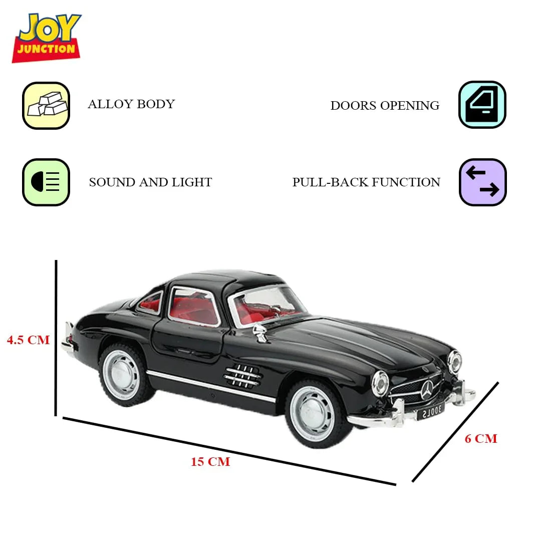 JOY JUNCTION Mercedes-Benz 300SL 1:32 Scale Alloy Metal Pullback Die-Cast Car – Black with Lights, Music & Openable Doors - Jaiman Toys