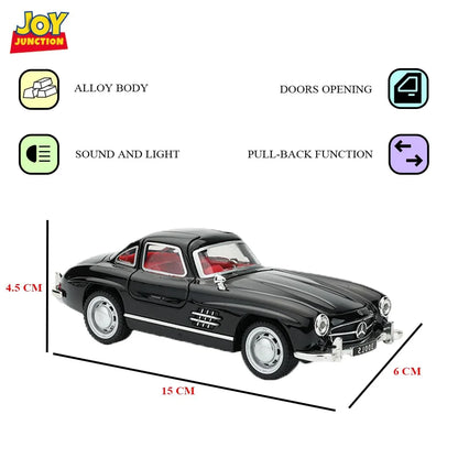 JOY JUNCTION Mercedes-Benz 300SL 1:32 Scale Alloy Metal Pullback Die-Cast Car – Black with Lights, Music & Openable Doors - Jaiman Toys