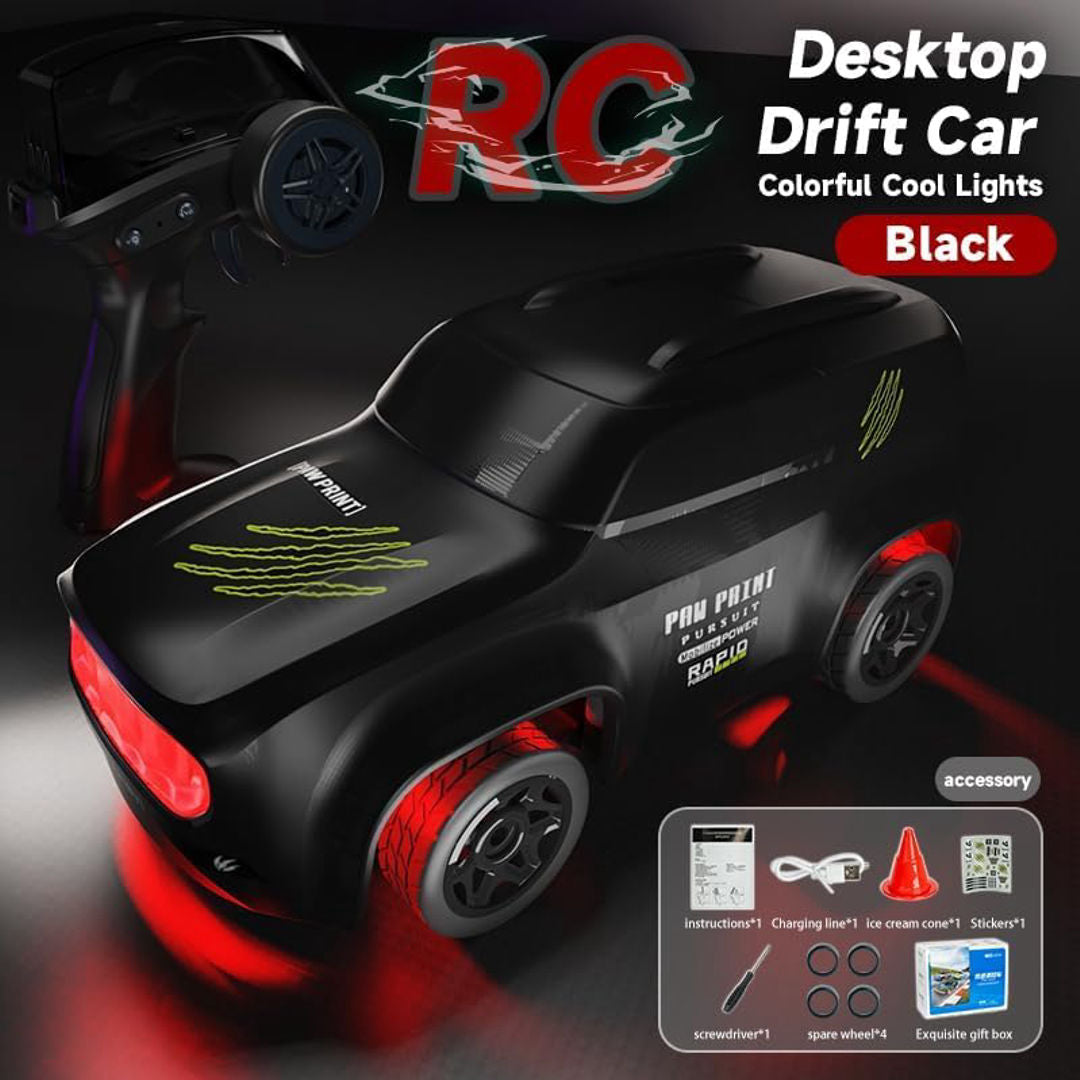 Mini 4WD Q197 1:64 Scale LED Drift RC Car – 2.4GHz Remote Control, Type-C Fast Charge, Adjustable Drift Modes (Black)
