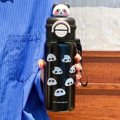 Panda Kids Water Bottle 500ML with Straw Lid – Leakproof Cartoon School Water Bottle for Children (Black)