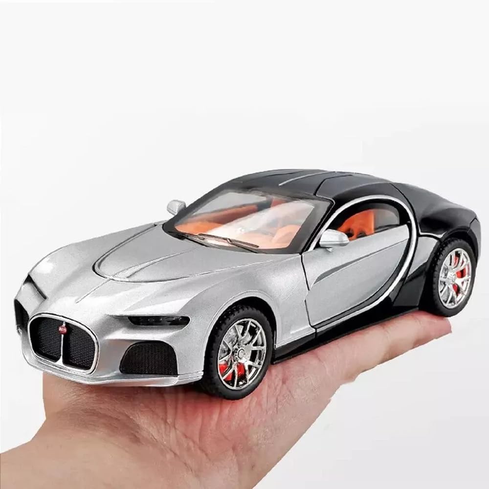 Joy Junction 1:24 Bugatti Chiron Atlantic Scale Die-Cast Model Car with Sound, Light & Pull Back Action – Premium Metal Hypercar Collectible (Silver/Black)