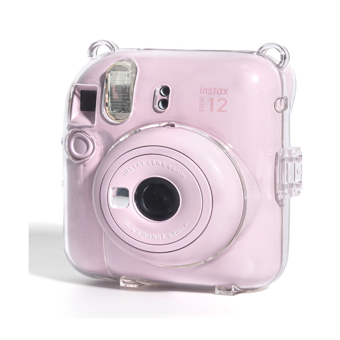 Accessories Bundle - Camera Case for  Fujifilm Instax Mini 12 (Crystel Clear) + Adjustable Rainbow Strap and Photo Pocket in Back + Case Decorative Stickers - Blossom Pink