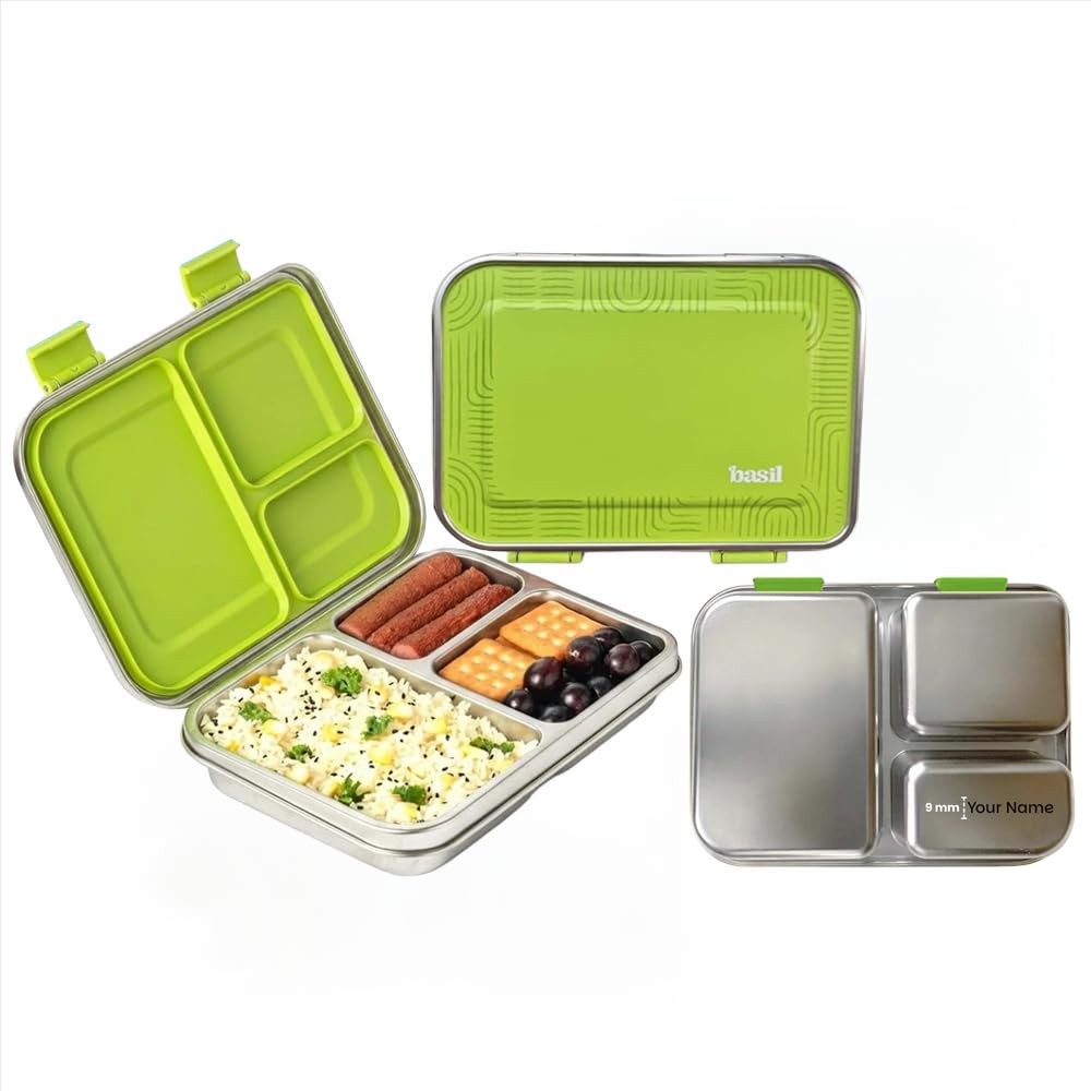 Basil Bento Neo Classic Personalized 3C Steel 1000ml Matcha Stainless Steel Lunch Box with Silicone Seal – 3 Sections, Leakproof for Kids & Adults