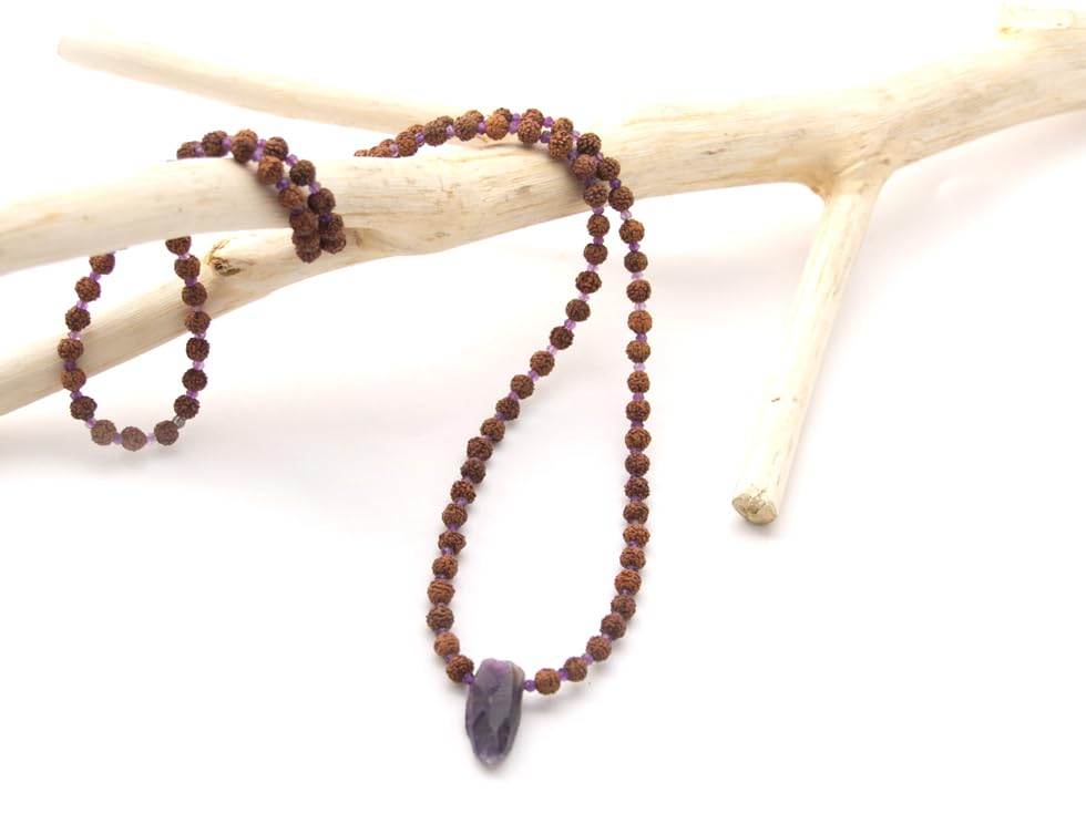 Maha Mala Amethyst & Rudraksha 108 Beads Healing Mala – 6mm Rudraksha, 3.5mm Amethyst with Raw Crystal | Handmade in India