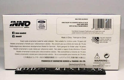 INNO64 Ford Escort RS Cosworth (LHD) Blue 1:64 Scale Die-Cast Model Car | Premium Ford Rally Collectible Miniature, Detailed Interior, Rubber Tires, Authentic Replica with Display Case & Collector Box