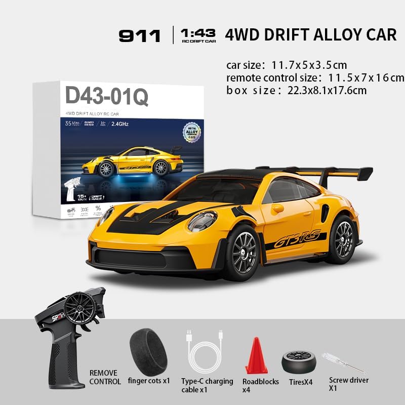 Hstar 1:43 RC Drift Car  2.4GHz 4WD Alloy 20 km/h High-Speed RC Racing Car with Gyro – (Yellow)