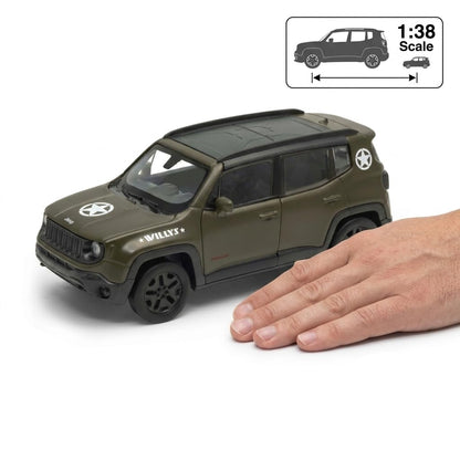 Welly 1:38 Jeep Renegade Military Green Die-Cast Model Car with Pull-Back Action & Openable Doors