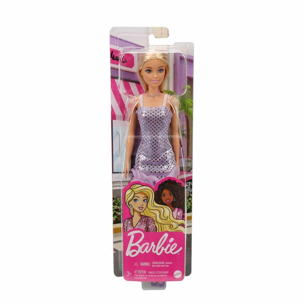 Barbie Doll with Blonde Hair: Lavender Metallic Mini Dress &amp; Trendy Accessories - Perfect Kids' Toy Gift!"