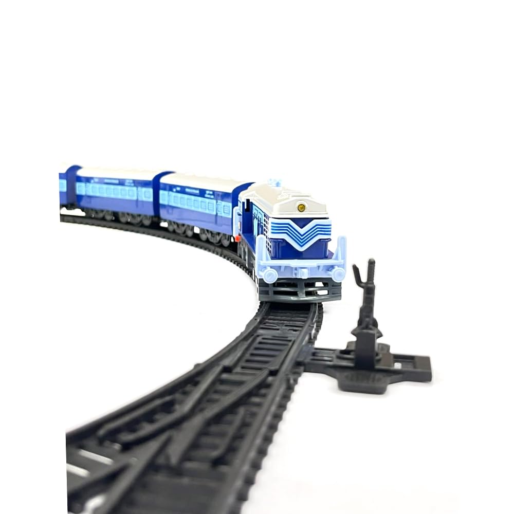 Centy 24-Piece Blue Battery-Operated Passenger Toy Train Set with LED Headlight, 5-Piece Train, Tracks & Manual Track Changer for Kids 3+