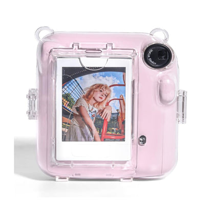 Accessories Bundle - Camera Case for  Fujifilm Instax Mini 12 (Crystel Clear) + Adjustable Rainbow Strap and Photo Pocket in Back + Case Decorative Stickers - Blossom Pink