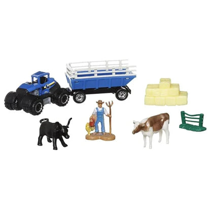 Matchbox Die-Cast Hitch and Haul Playset - MBX Farm Trailer ~ Blue Dirtstroyer Tractor and Farm Trailer with Accessories and Figures
