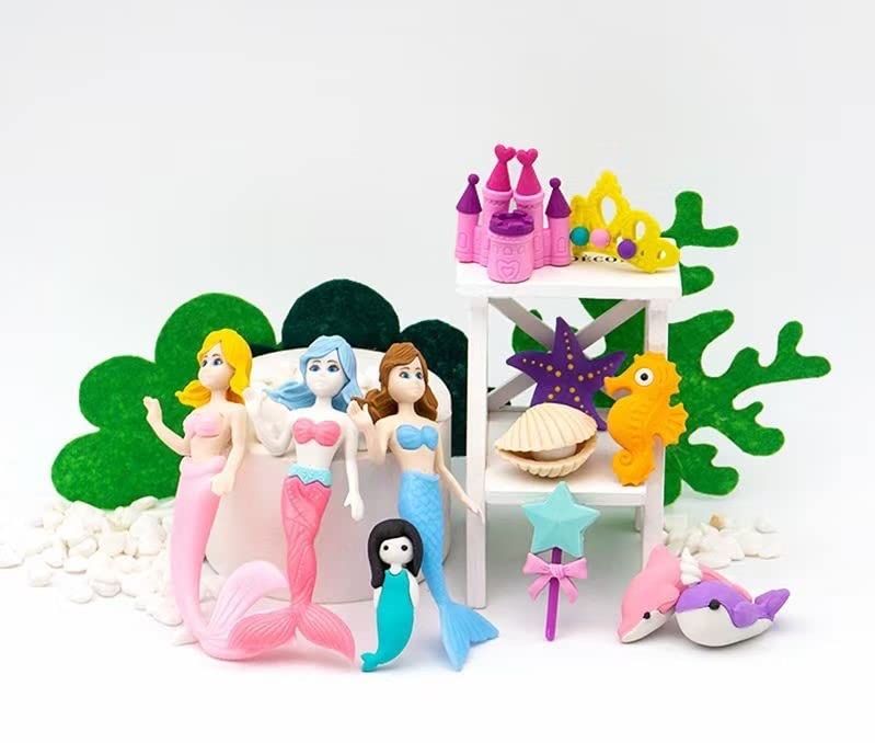 Mermaid Princess Fancy Eraser Set – Colorful Stationery Kit with 12 Cute Sea Animal & Mermaid Character Erasers for Kids