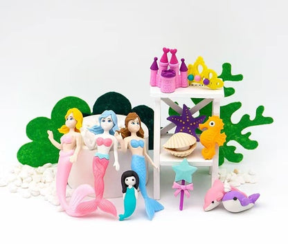 Mermaid Princess Fancy Eraser Set – Colorful Stationery Kit with 12 Cute Sea Animal & Mermaid Character Erasers for Kids