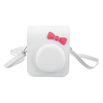 Chic Charm – White Bowknot PU Leather Camera Case for Instax Mini 12 with Strap -White - Jaiman Toys
