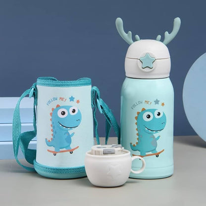 Kids Insulated Stainless Steel Water Bottle with Cup & Carry Pouch – Leakproof School Bottle (Dinosaur Design)