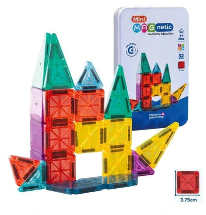 32-Piece Mini Magnetic Building Tiles Set | 3D Translucent Magnetic Construction Blocks | STEM Educational Geometry Learning Toy for Kids