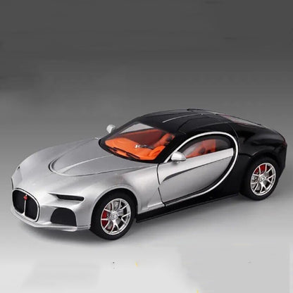 Joy Junction 1:24 Bugatti Chiron Atlantic Scale Die-Cast Model Car with Sound, Light & Pull Back Action – Premium Metal Hypercar Collectible (Silver/Black)