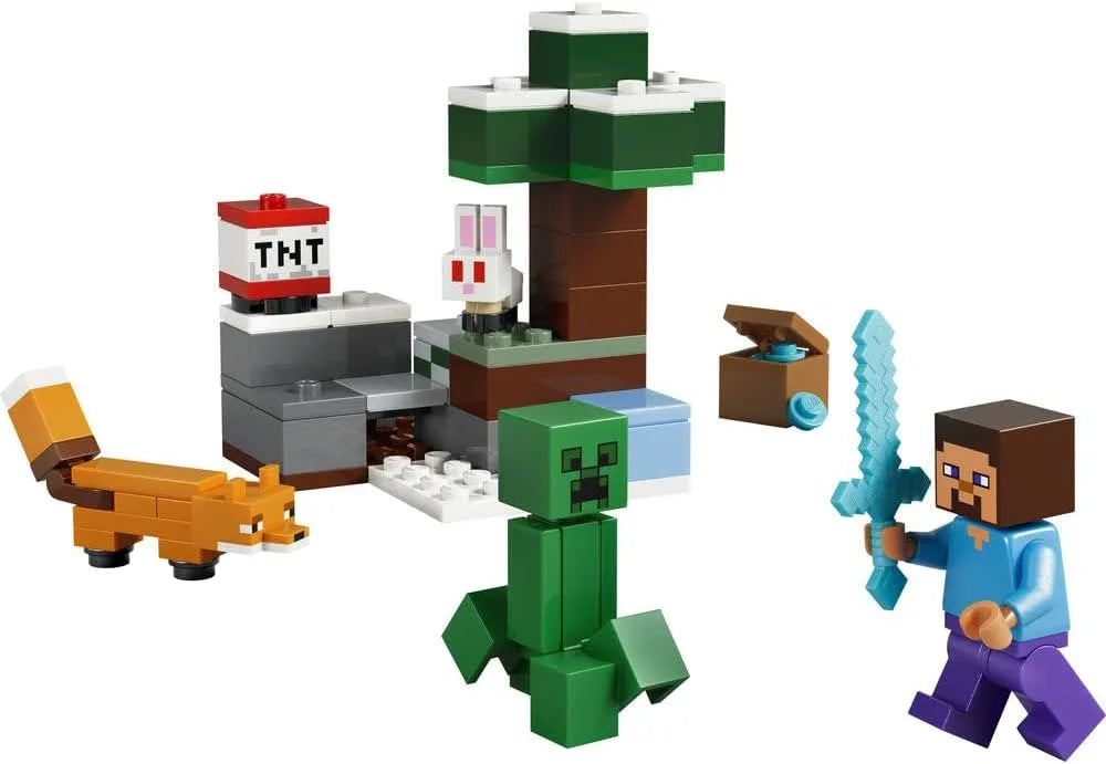 LEGO Minecraft 21583 Steve's Taiga Adventure Toy - incl. a Steve Minifigure with a Diamond Sword, Creeper, Fox, Baby Bunny Figures - Gaming Gift for 6+ Year Old Boys & Girls