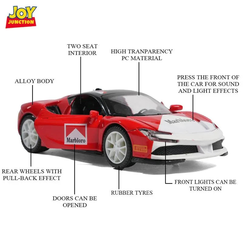JOY JUNCTION Ferrari Marlboro 1:32 Alloy Die-Cast Model Car – Pull Back Toy Car with Openable Doors, Light & Music (Multicolor) - Jaiman Toys