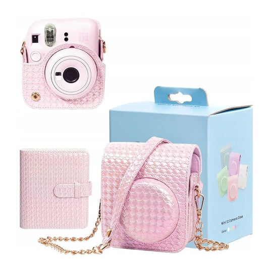 Iridescent PU Leather Case & Photo Album Set for Fujifilm Instax Mini 12 – Includes Carrying Case & 64 Sheets Photo Album (Blossom Pink)